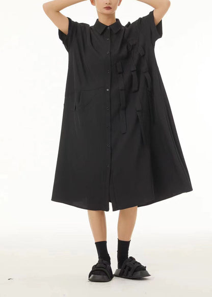 Unique Black Peter Pan Collar Patchwork Button Cotton Long Dress Summer Ts1038