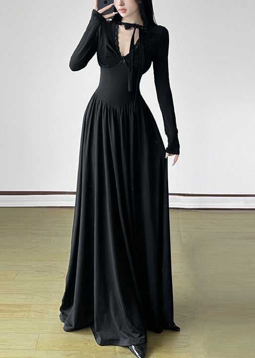 Unique Black V Neck Exra Large Hem Long Dresses Spring Yp006