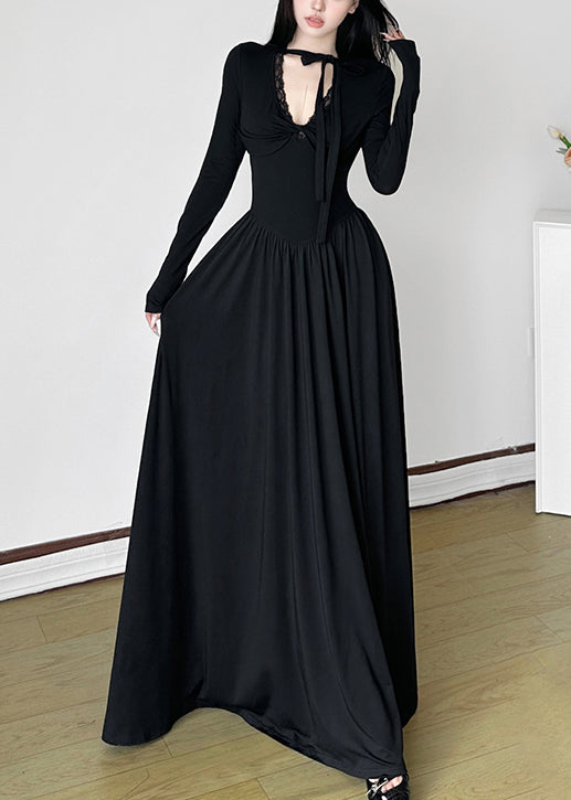 Unique Black V Neck Exra Large Hem Long Dresses Spring Yp006