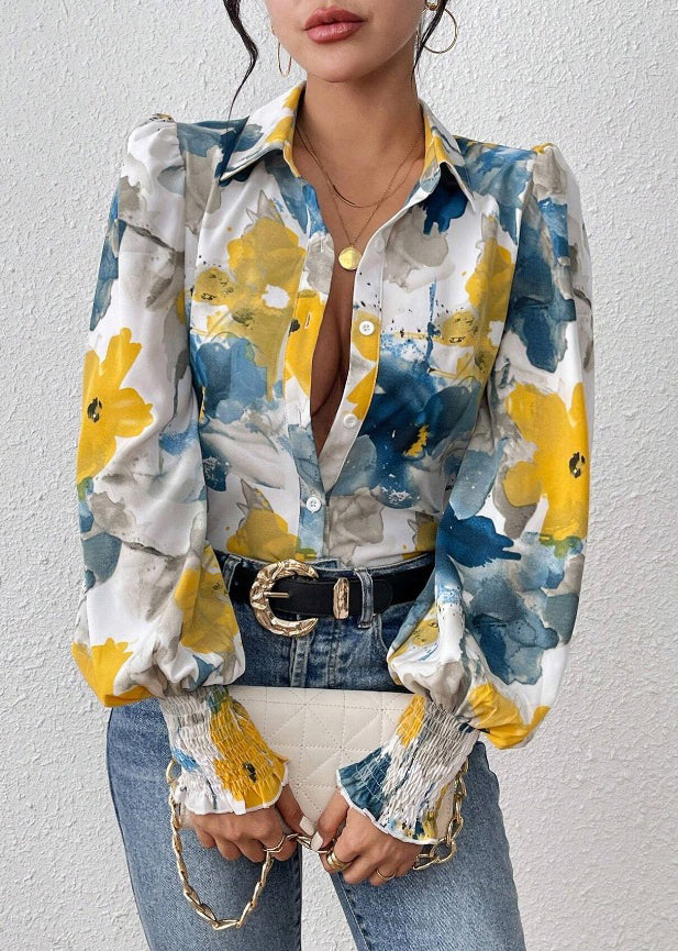 Blouses Print Cotton Blue Unique Spring Button
