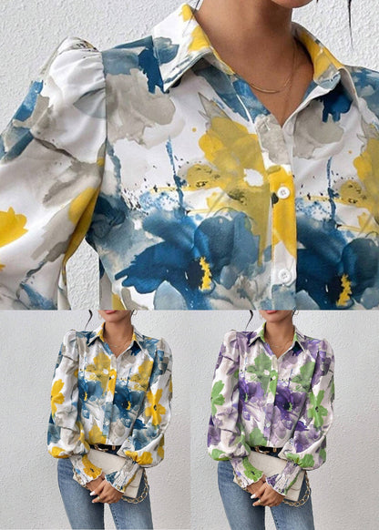 Pan Spring Cotton Collar Print Blouse Purple Peter