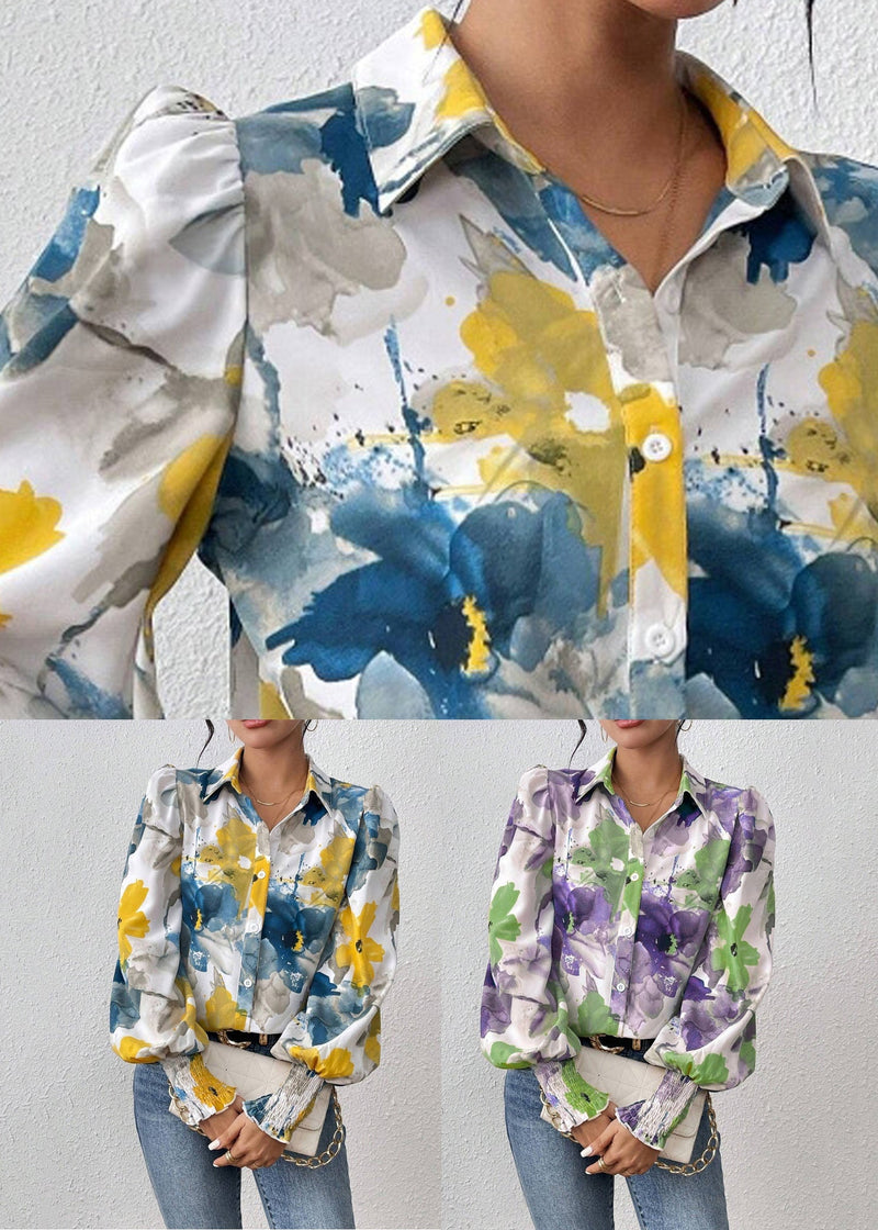 Pan Spring Cotton Collar Print Blouse Purple Peter