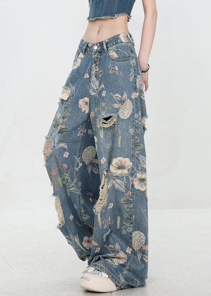 Unique Blue Print Hole High Waist Denim Pants Summer Uy003