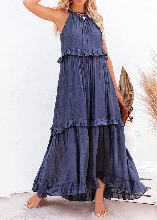 Unique Blue Ruffled Patchwork Holida Long Dress Summer Vb1038