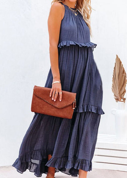 Unique Blue Ruffled Patchwork Holida Long Dress Summer Vb1038