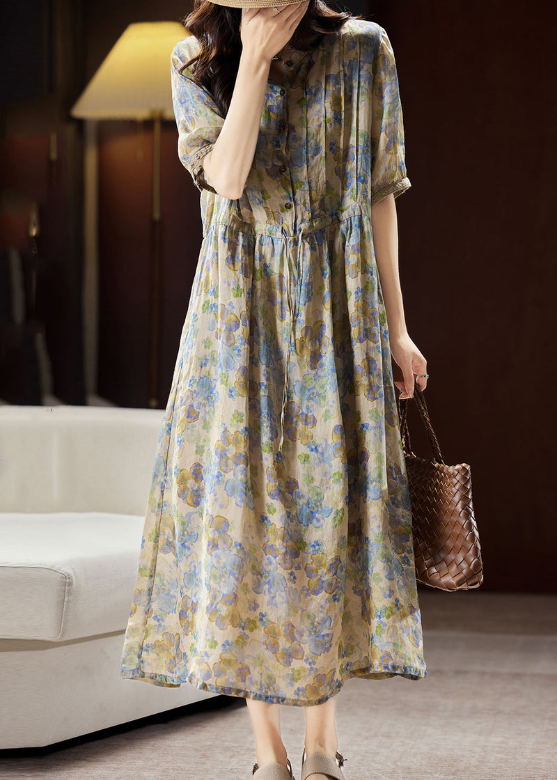 Unique Blue Stand Collar Print Button Linen Maxi Dresses Summer Ww035