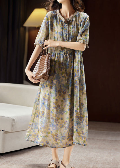 Unique Blue Stand Collar Print Button Linen Maxi Dresses Summer Ww035