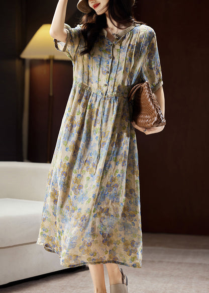 Unique Blue Stand Collar Print Button Linen Maxi Dresses Summer Ww035