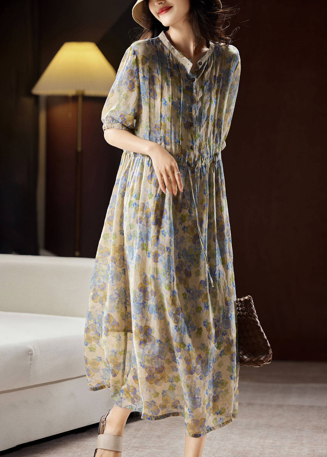 Unique Blue Stand Collar Print Button Linen Maxi Dresses Summer Ww035