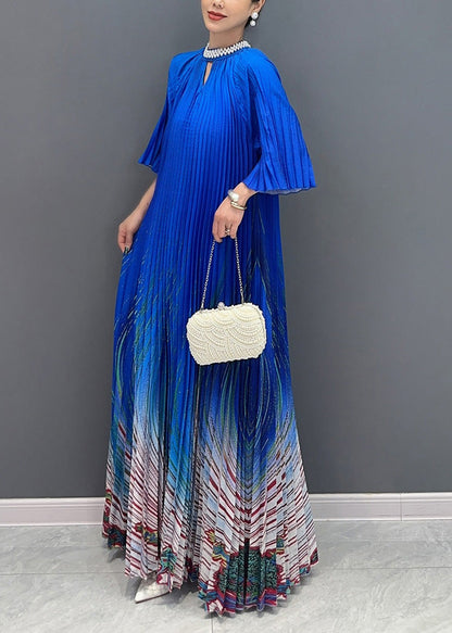 Unique Blue Stand Collar Print Wrinkled Long Dress Summer Ao1002