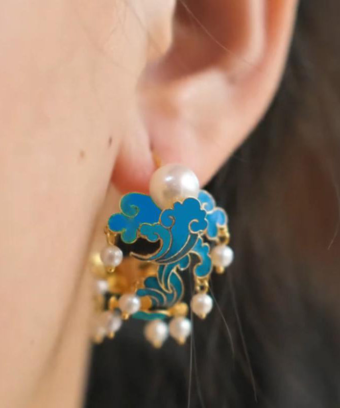 Unique Blue Sterling Silver Overgild Enamel Pearl Tassel Hoop Earrings Gh1074