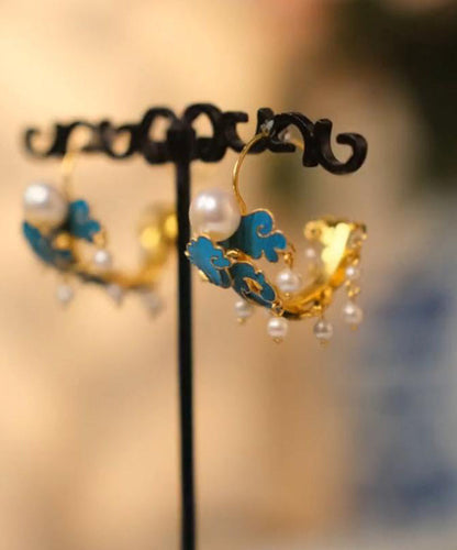 Unique Blue Sterling Silver Overgild Enamel Pearl Tassel Hoop Earrings Gh1074