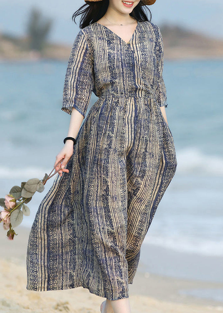 Unique Blue V Neck Print Pockets Cotton Long Dresses Summer Lk014