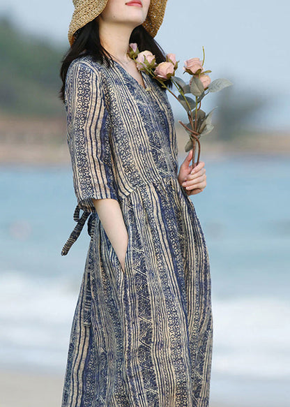 Unique Blue V Neck Print Pockets Cotton Long Dresses Summer Lk014