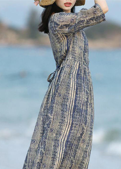 Unique Blue V Neck Print Pockets Cotton Long Dresses Summer Lk014