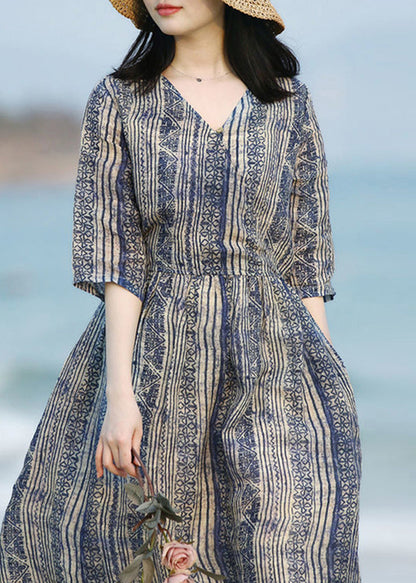 Unique Blue V Neck Print Pockets Cotton Long Dresses Summer Lk014