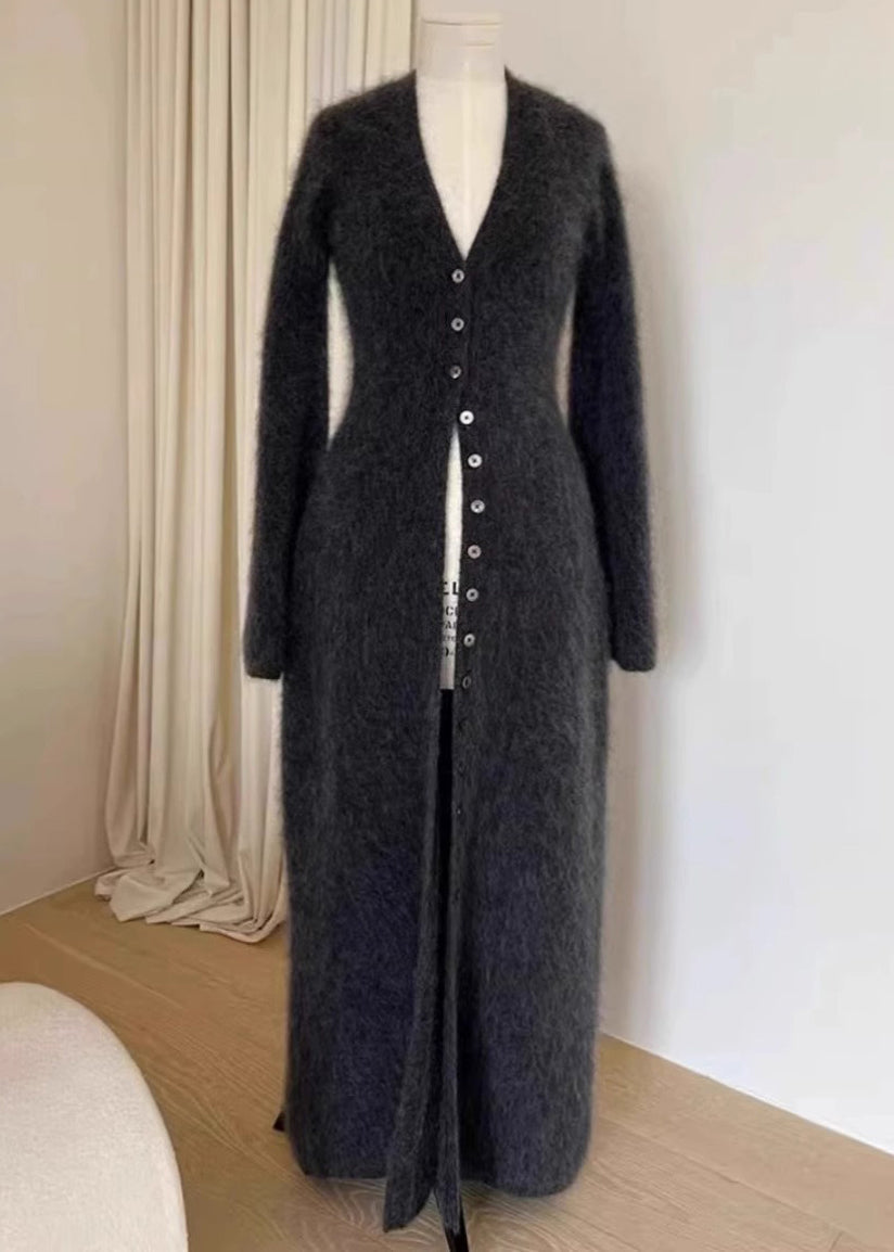 Unique Brown V Neck Button Mink Hair Knitted Cardigan Fall Rl009