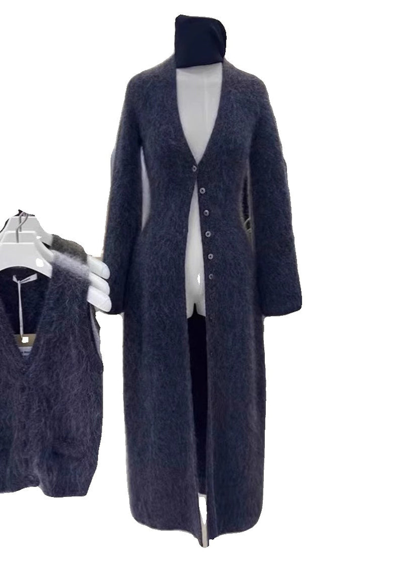 Unique Brown V Neck Button Mink Hair Knitted Cardigan Fall Rl009