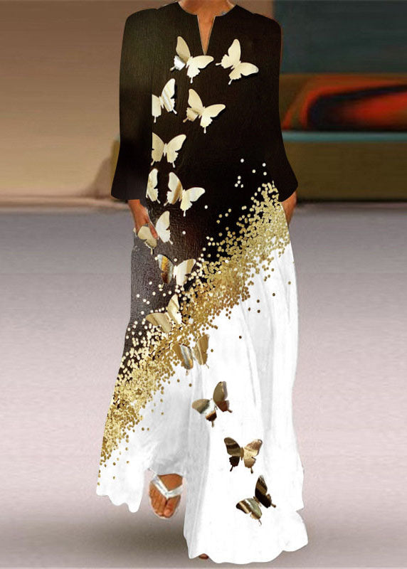 Unique Butterfly Print Pockets Chiffon Maxi Dresses Long Sleeve Ly1923