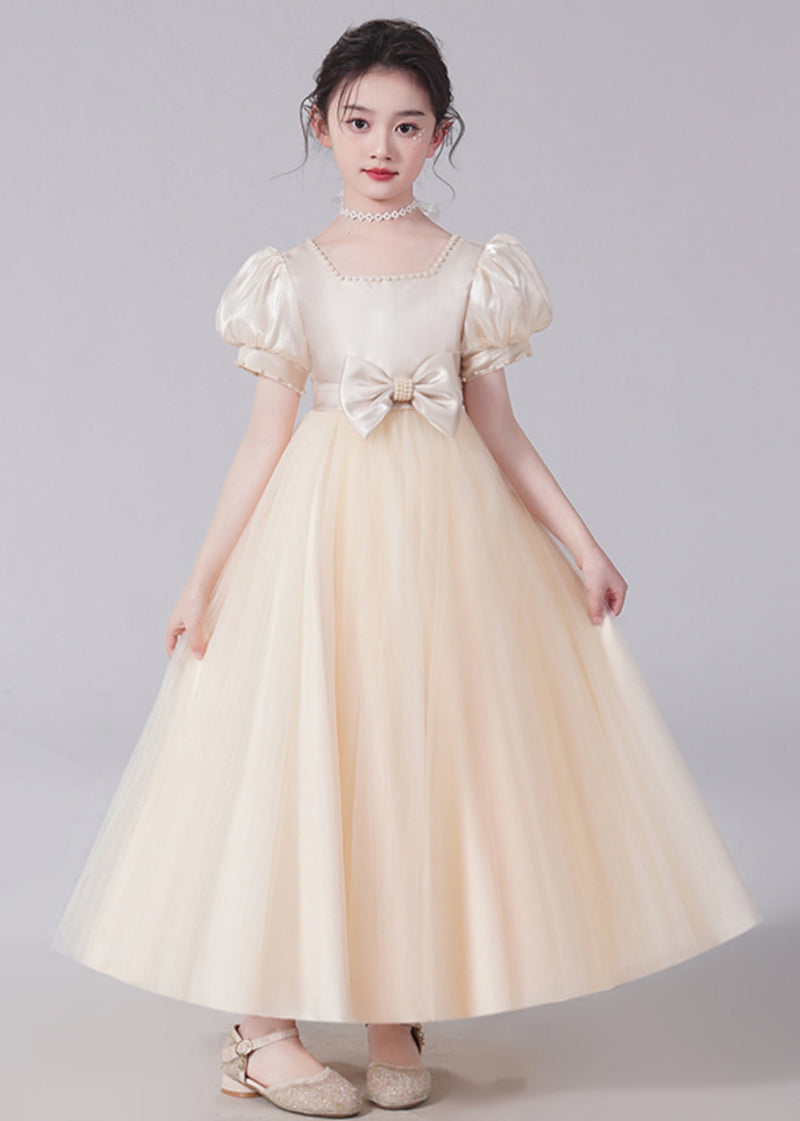 Unique Champagne Bow Nail Bead Tulle Long Dresses Short Sleeve Xz025