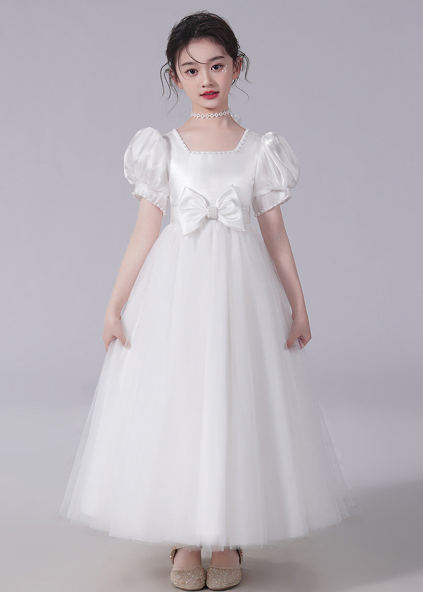 Unique Champagne Bow Nail Bead Tulle Long Dresses Short Sleeve Xz025