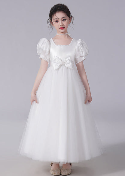 Unique Champagne Bow Nail Bead Tulle Long Dresses Short Sleeve Xz025