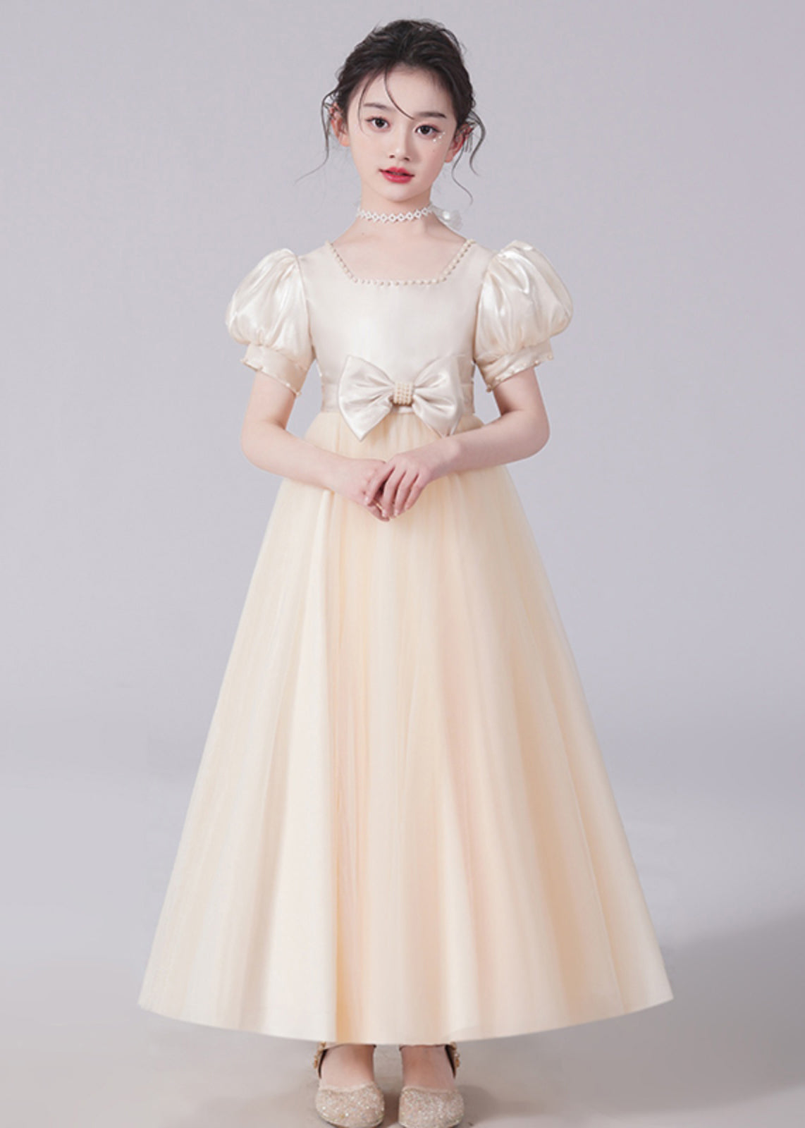 Unique Champagne Bow Nail Bead Tulle Long Dresses Short Sleeve Xz025