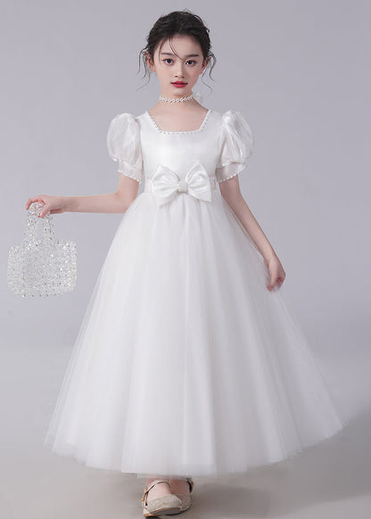 Unique Champagne Bow Nail Bead Tulle Long Dresses Short Sleeve Xz025