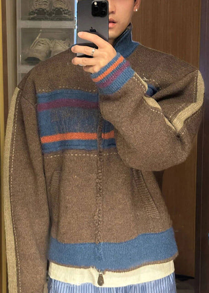 Unique Coffee Zip Up Striped Patchwork Knit Cardigan Spring Tk003