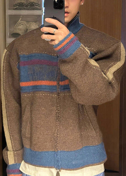 Unique Coffee Zip Up Striped Patchwork Knit Cardigan Spring Tk003