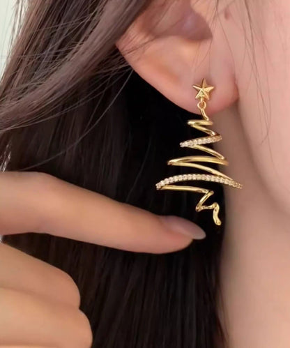 Unique Gold Copper Overgild Zircon Christmas Tree Asymmetrical Line Hoop Earrings