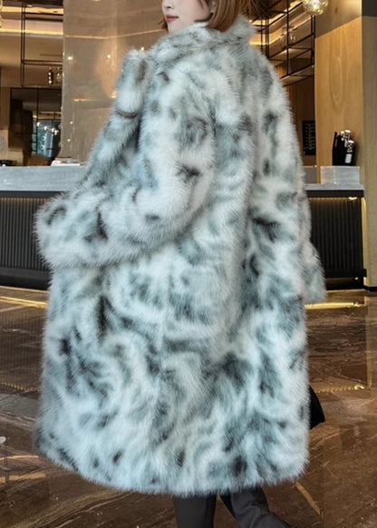 Unique Green Notched Pockets Print Maxi Coat Winter Wz022