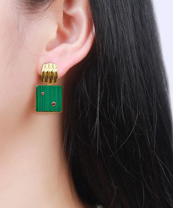 Sterling Silver Overgild Inlaid Square Malachite Hoop Earrings