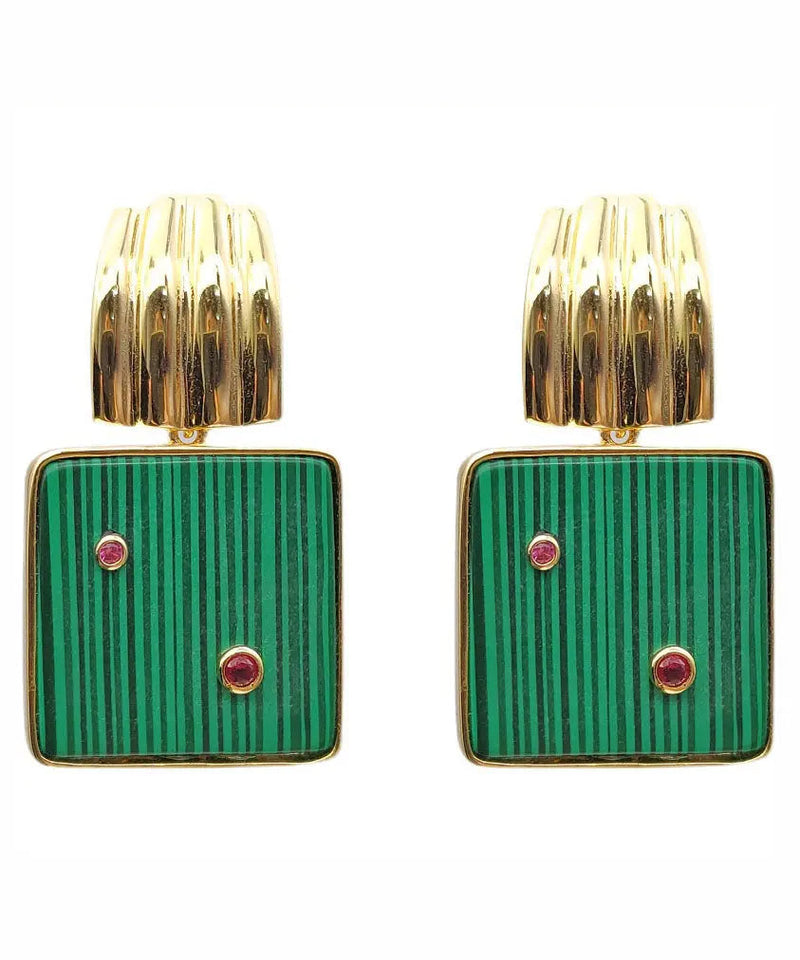 Sterling Silver Overgild Inlaid Square Malachite Hoop Earrings