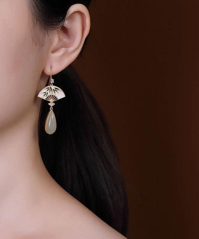 Unique Green Sterling Silver Overgild Pearl Zircon Fan Shaped Drop Earrings Tw1040