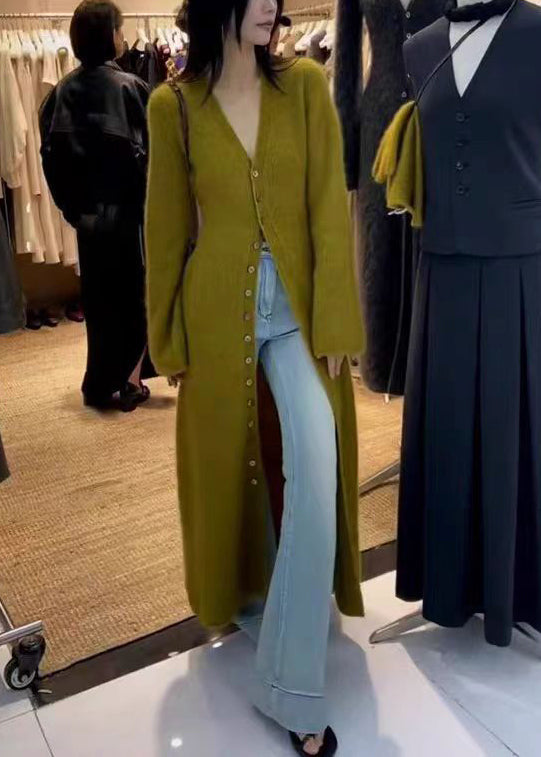 Unique Green V Neck Button Knit Long Cardigan Fall Rs034