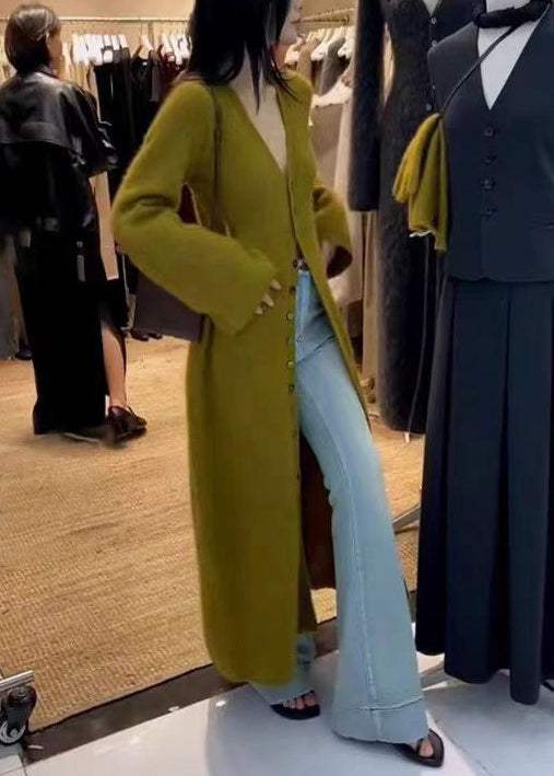 Unique Green V Neck Button Knit Long Cardigan Fall Rs034