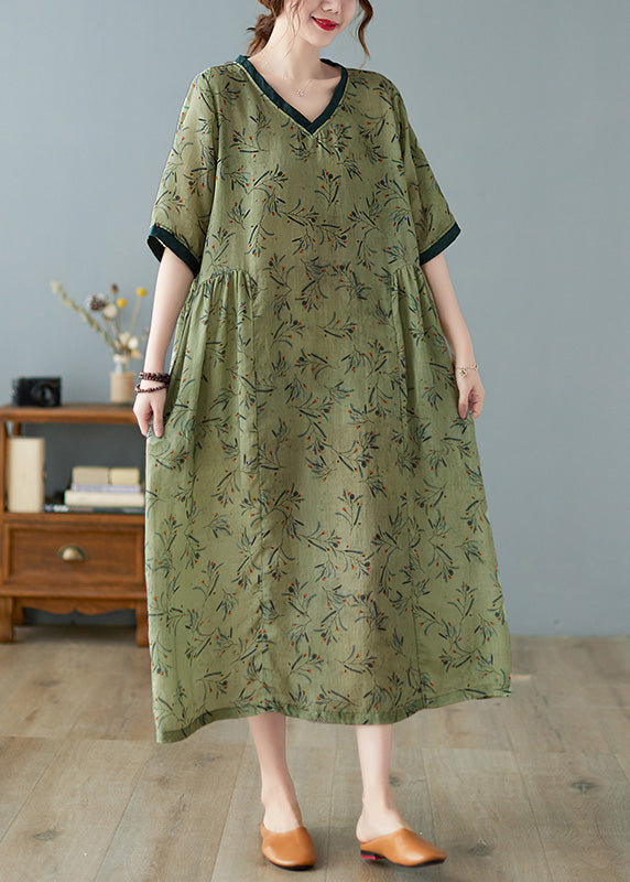Unique Green V Neck Print Patchwork Linen Long Dress Ac2090