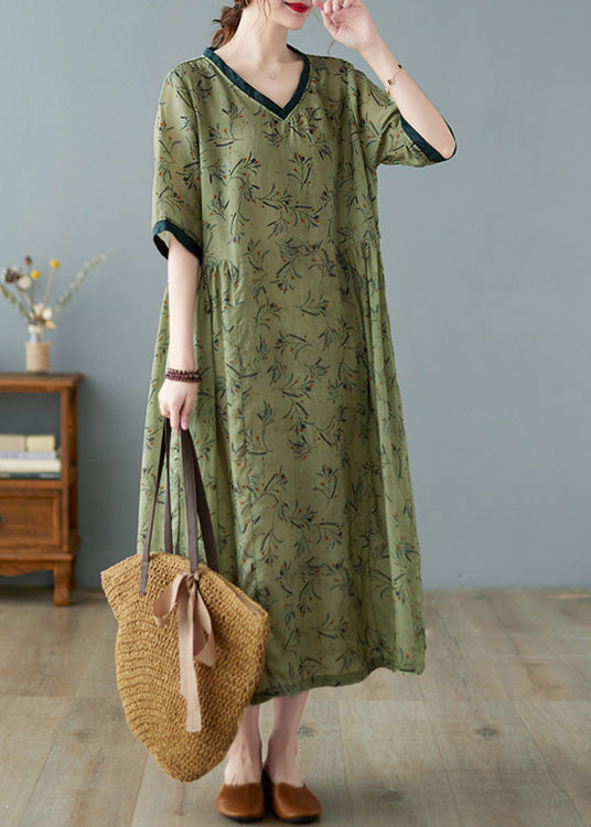 Unique Green V Neck Print Patchwork Linen Long Dress Ac2090