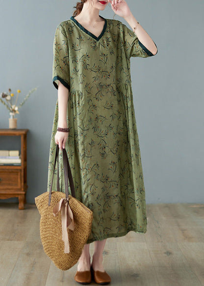 Unique Green V Neck Print Patchwork Linen Long Dress Ac2090