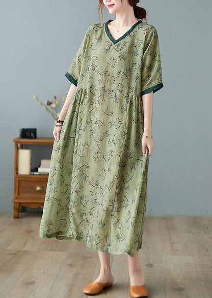 Unique Green V Neck Print Patchwork Linen Long Dress Summer Ly0666