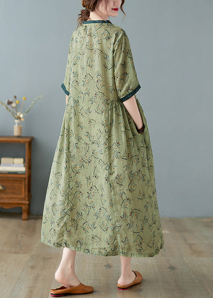 Unique Green V Neck Print Patchwork Linen Long Dress Ac2090