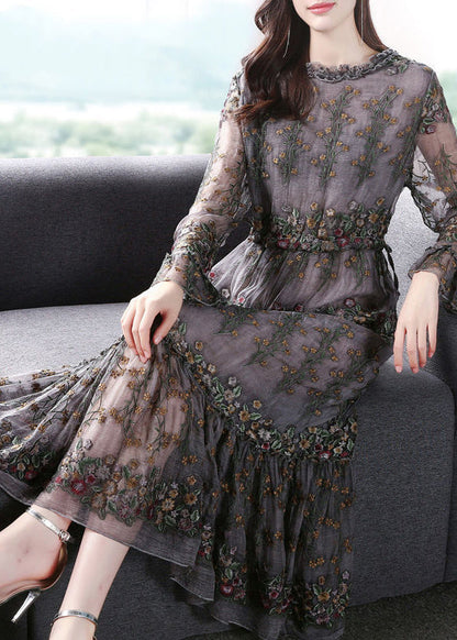 Unique Grey Embroideried Patchwork Silk Maxi Dresses Spring Ly1004
