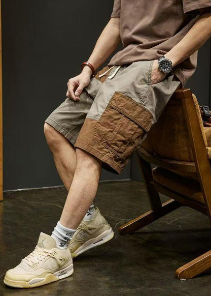 Unique Pockets Elastic Shorts Grey Cotton Waist Patchwork