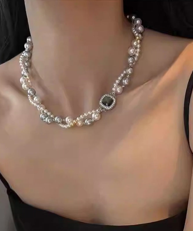 Unique Grey Sterling Silver Alloy Zircon Double Layer Pearl Gratuated Bead Necklace Qj038