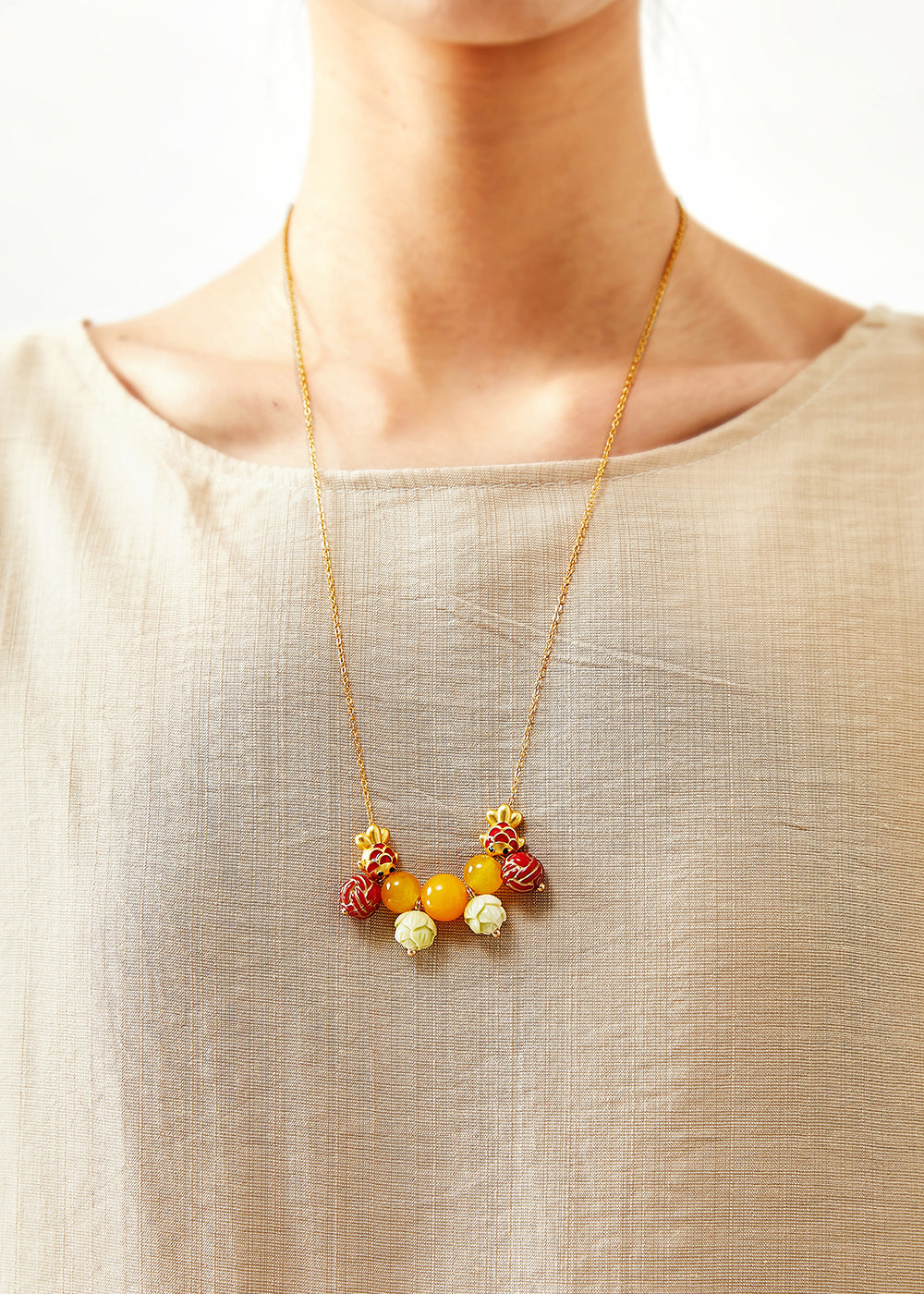 Unique Lotus Bead Fish Beeswax Pendant Necklace