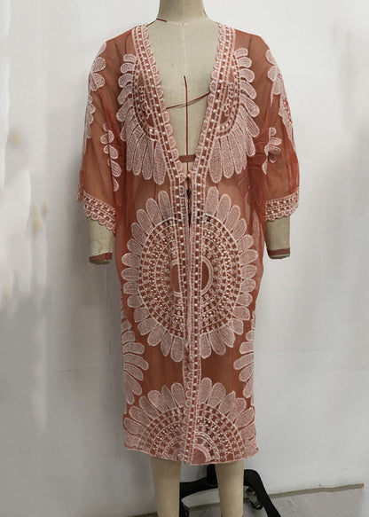 Unique Orange V-neck Print Lace Patchwork Tulle Swimwear Cardigans Vc049