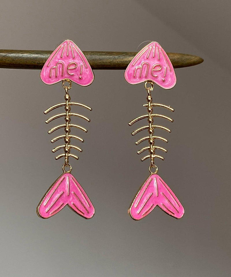 Unique Pink Alloy Drip Glaze Fish Bone Stud Earrings