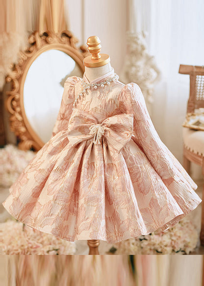 Unique Pink Bow Patchwork Pearl Thick Maxi Dress Puff Sleeve Rp038