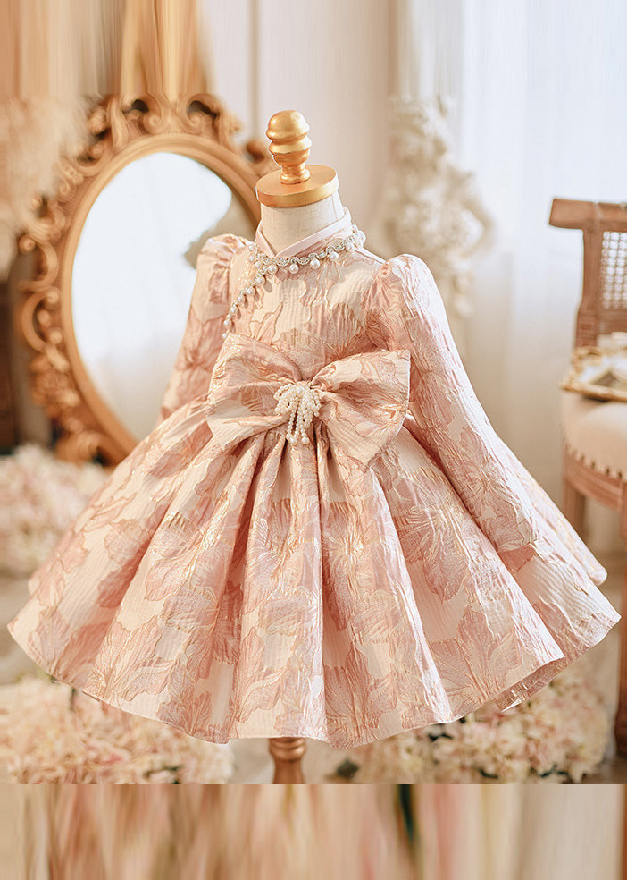 Unique Pink Bow Patchwork Pearl Thick Maxi Dress Puff Sleeve Rp038